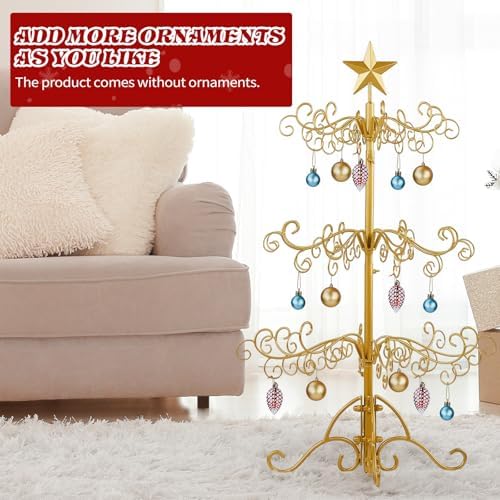 3ft Gold Wrought Iron Christmas Tree with Star Top, Metal Ornament Display Stand for Holiday Decor, Indoor Outdoor Party Decoration Tree