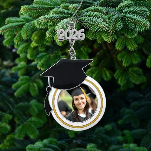 Graduation Photo Ornament 2026 & 2027 with Dated Charms, Personalized Graduation Gift, Graduation Cap Christmas Tree Ornament, Picture Keepsake with Storage Bags, Set of 2, 3 Inch