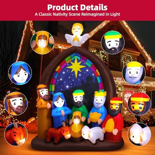 8FT Christmas Inflatables Nativity Scene Outdoor Decorations with LED Lights, Large Christmas Jesus Blow Up Yard Decorations Nativity Sets for Garden Lawn Church Display Xmas Decor