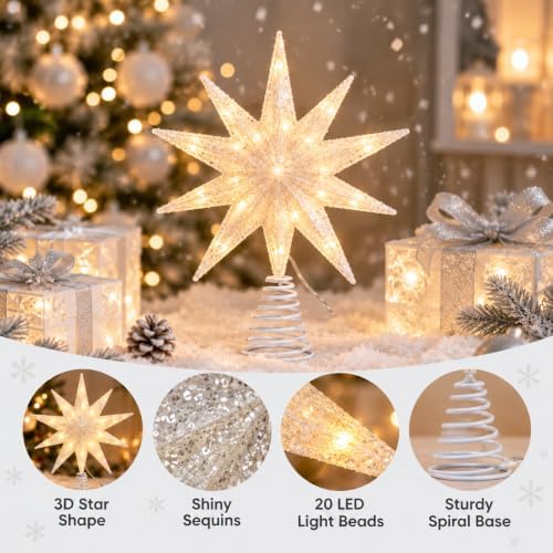 10‑Point Silver Sequins Star Christmas Tree Topper Decoration 10 Inch