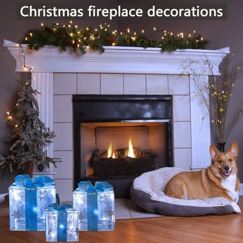 Christmas Decorations: Foldable Set of 3 Christmas Lighted Gift Boxes 120 LED - Plug in Light Up Xmas Ornament for Tree Skirt Indoor Outdoor Yard Holiday Door Sleigh Decor, White Xmas Lights