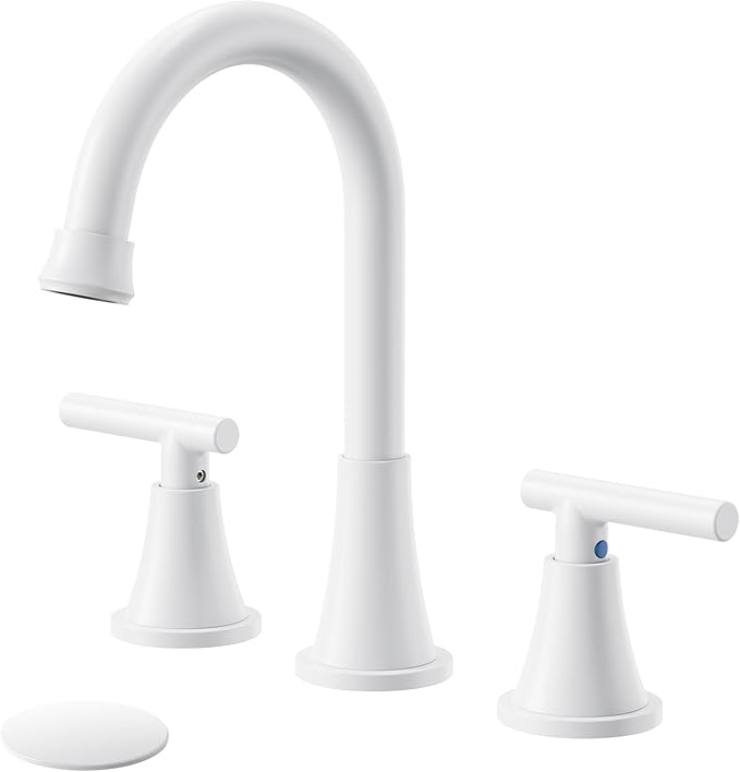 Bathroom Faucets for Sink 3 Hole, Hurran White Bathroom Sink Faucet with Pop-up Drain and Supply Lines, Stainless Steel Lead-Free Widespread Faucet for Vanity RV Farmhouse Sink
