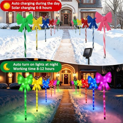 Outdoor Christmas Decorations Solar Pathway Lights, Set of 5 Colorful Bow Candy Stake Lights, Waterproof Solar Christmas Lights for Holiday Display Yard Garden Lawn Winter Party Xmas Decor