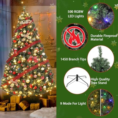7.5FT Artificial Christmas Tree with 1,400 Branch Tips, Hinged Spruce Design & Metal Foldable Base, Easy Assembly Holiday Decoration for Home, Green