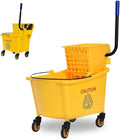 Mop Bucket, Commercial Bucket for Mopping on Wheels with Potable Handle, Mop Bucket with Wringer for Home, Household, Office, Bathroom, Yellow (34 Quarts)