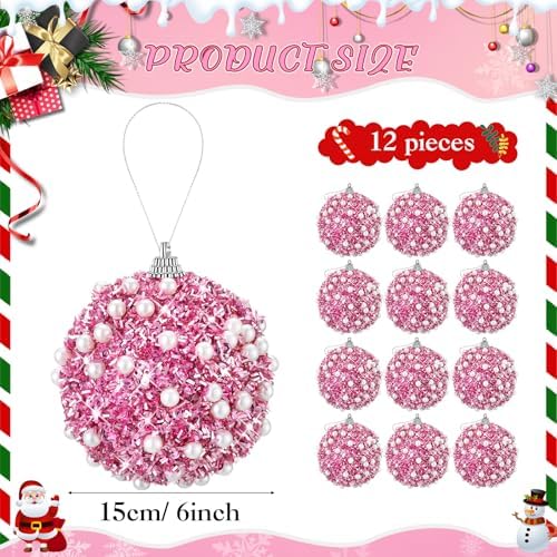 Riceshoot 12 Pcs 6 Inch Large Christmas Balls Ornaments for Tree with Peal Sparkle Sequin Big Glitter Christmas Tree Decor Xmas Shatterproof Hanging Balls for Xmas Holiday Party Supplies(Pink)
