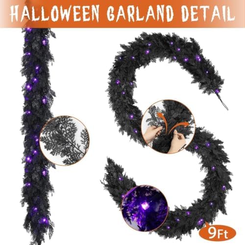 Pre-Lit Halloween Garland 9FT Decorations Black Real Touch Cedar Cypress Pine Plant Artificial Halloween Garland with Lights for Mantle, Fireplace, Table, Stairs, Door, Indoor Outdoor Decorations