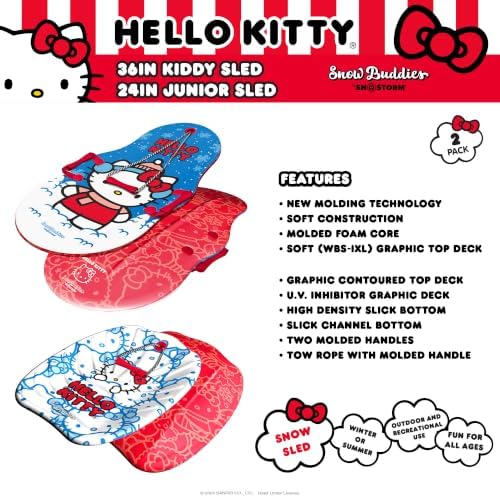 Hello Kitty and Snow Buddies by Sno-Storm Sled with Handles and Tow Rope | Graphic top Deck with High Density Slick Bottom | 3D Molded Foam Construction | Outdoor use for Winter | Snow Sled 2PK