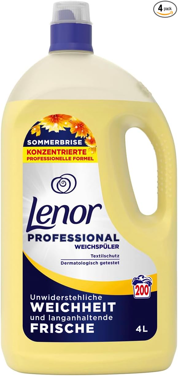 Lenor Professional Fabric Softener, 200 Washes, 4 Litres, Summer Breeze, Irresistible Softness and Long-Lasting Freshness, for Professional Use