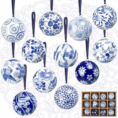 Cindeer 12 Pcs Blue and White Christmas Porcelain Balls, Groovy Style