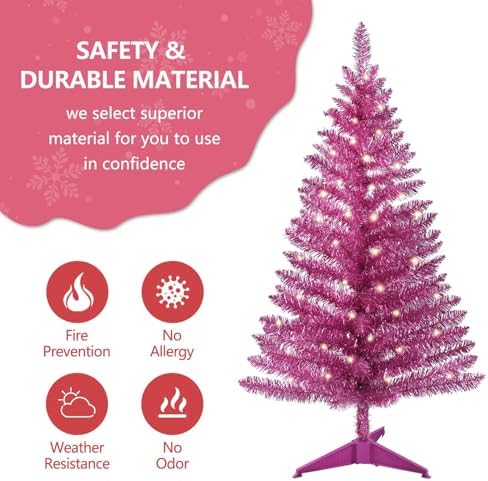 4ft Lighted Artificial Pink Christmas Tree, Not Pre-lit Pink Tinsel Pine Trees with Lights, Ideal for Ideal for Home, Office, and Xmas Party Décor - Includes Stand