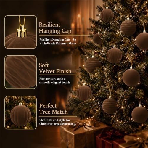 9Pcs Brown Velvet Christmas Ornaments 3.94In Balls for Christmas Tree Deco