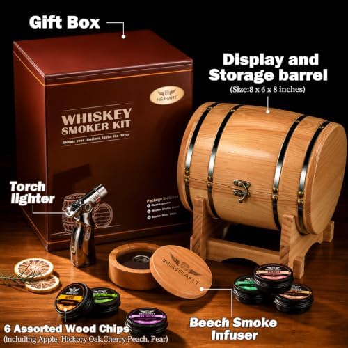 INSISART Whiskey Smoker Kit, Old fashioned Smoker Kit with Barrel, Natural
