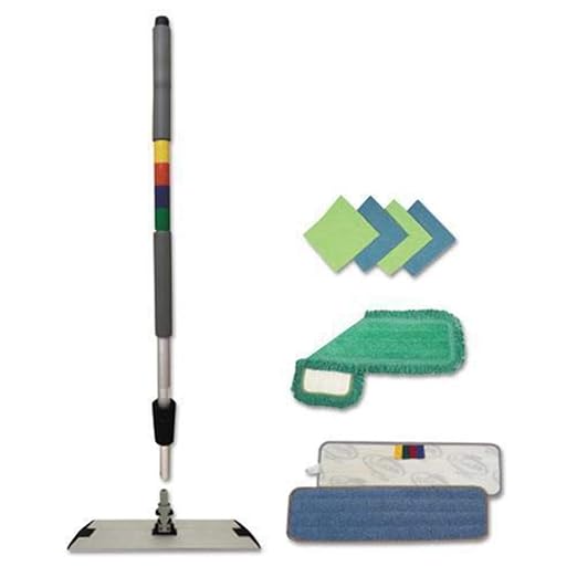 Boardwalk MFKIT Microfiber Mopping Kit, 18" Mop Head, 35-60" Handle, Blue/Green/Gray