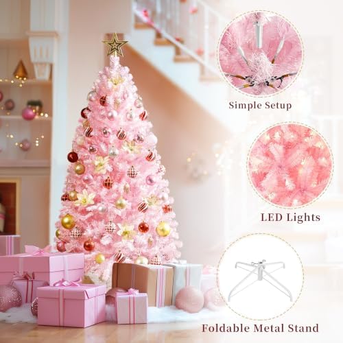 Yaheetech 4.5ft Pre-lit Christmas Tree with 150 Warm White Lights, Pink