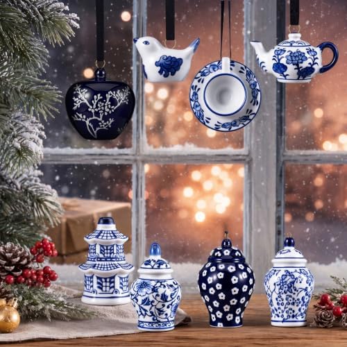 Peryiter 12 Pieces White Blue Christmas Ornaments Chinoiserie Porcelain Christmas Ornaments Mini Ginger Jar for Xmas Tree Decoration(Stylish)