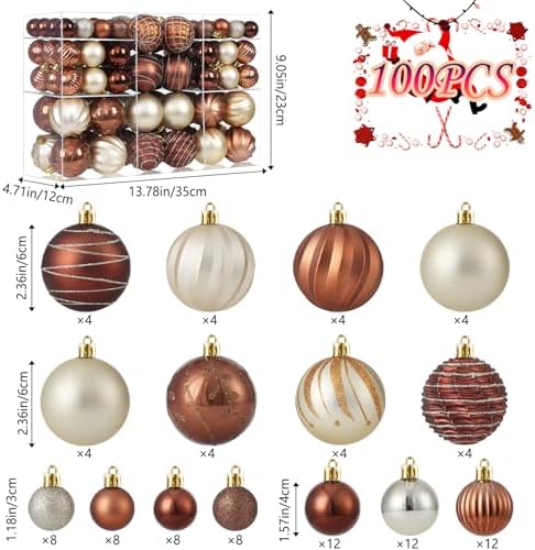 100Pcs Christmas Ball Ornaments Set, Assorted Shatterproof Christmas Ornament, Christmas Tree Theme Hanging Decoration for Xmas Holiday/Party/Wedding (Gold and Brown)