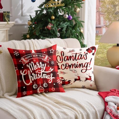 Plaid Christmas Pillow Covers 16x16 Buffalo Check Set of 4 Red Black Christmas Decorations Farmhouse Throw Pillow Covers Winter Holiday Linen Cushion Case for Home Sofa Couch Bed Chair