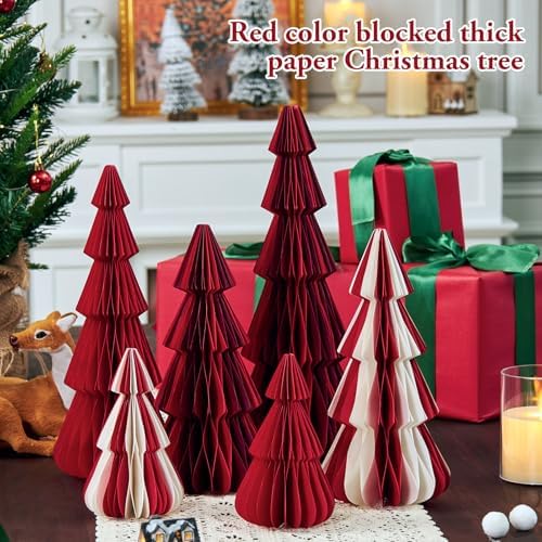 SUNBEAUTY 6 PCS Honeycomb Paper Christmas Tree Red White Paper Christmas Tree Decor 3D Honeycomb Trees Table Centerpiece Vintage Reusable Table Decor for Xmas Holiday Home Party Decorations