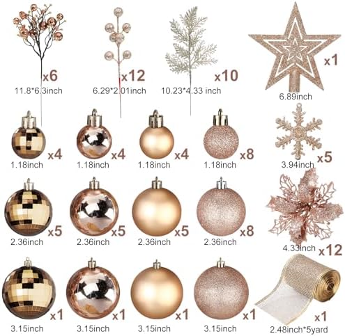 Sratte 94 Pcs Christmas Tree Ornaments Decoration Set, Champagne Gold