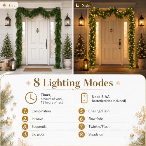 N&T NIETING 12FT Christmas Norfolk Pine Pre-Lit Garland with 100 LED Lights Real Touch Pine Garlands Prelit Garland Greenery Garlands for Table Mantle Fireplace Stairs Indoor Outdoor Xmas Decorations