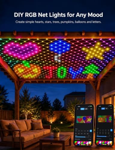 Christmas Net Lights Outdoor 10 x 10 ft, DIY 225 RGB LEDs, App & Remote Control, Music Sync Timer for Patio, Pergolas, Wedding Christmas Trees, Bushes, Garden, Outdoor Decoration