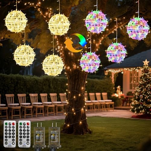 8 Pack Color Changing Christmas Tree Ball Lights Outdoor with Remote Memory Timer, 7.87" Ornaments Sphere LED Lights Waterproof, 11 Modes Globe Lights with Plug for Garden Yard Porch Patio Decoration
