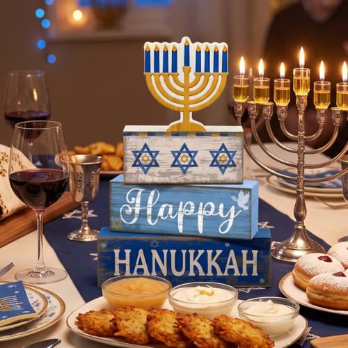 Lineshading 4 Pcs Hanukkah Table Decor for Home, Wooden Menorah Block Signs
