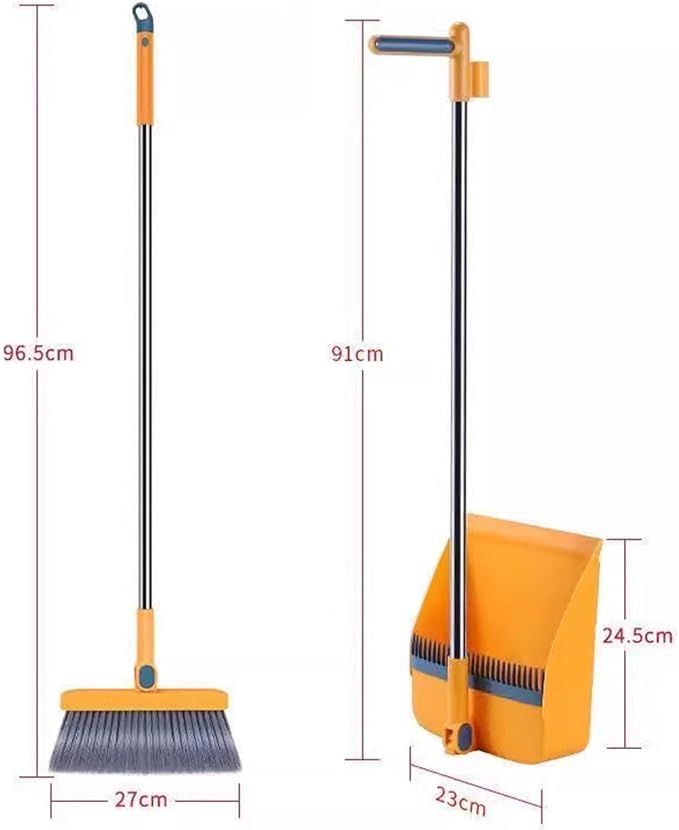 Broom and Dustpan Combo Set for Home - Long Handle Angle Broom & Dust pan Combo Built-in Comb Teeth to Automatically Clean Hair - Suitable for Home Kitchen Office Hall Floor,Orange