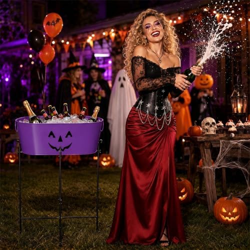 5.5 Gallon Halloween Galvanized Beverage Tub Ice Bucket with Stand- Purple