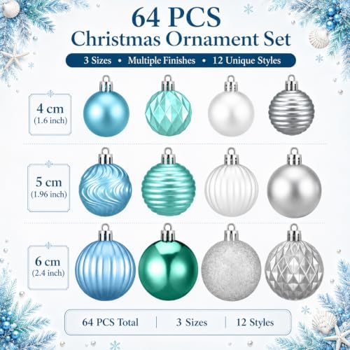Lunmon 64 Pcs Coastal Ocean Christmas Ball Ornaments Beach Xmas Baubles