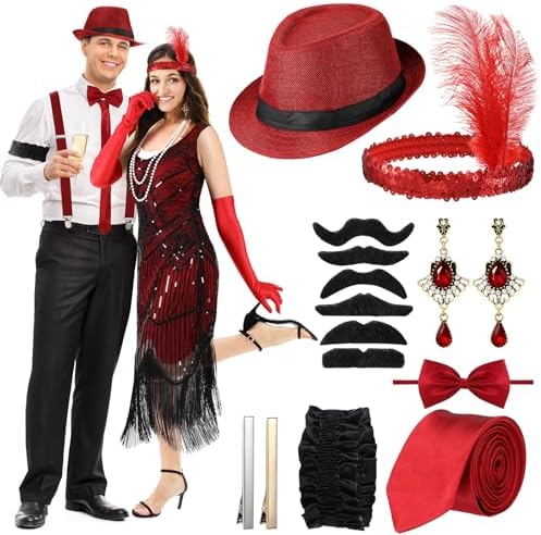 1920s Couples Costume Set Flapper Dress Hat