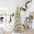 Glitzhome 7.5ft Prelit Christmas Tree, Flocked Artificial Christmas Tree, Pencil Christmas Tree Portland Snowy Pine with 300 Warm White/Multi-Color Lights, 9 Functional, Remote Controller
