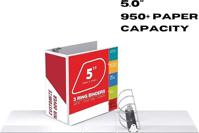 3 Ring Binder, Professional Angle D Ring Binder 5 Inch, Presentation Folder for Standard Pages 8.5 x 11 with Pockets, Crystal Clear View White