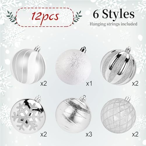 SHareconn 12ct 3.15 Inch Christmas Tree Balls Ornaments, Silver&White, 80mm
