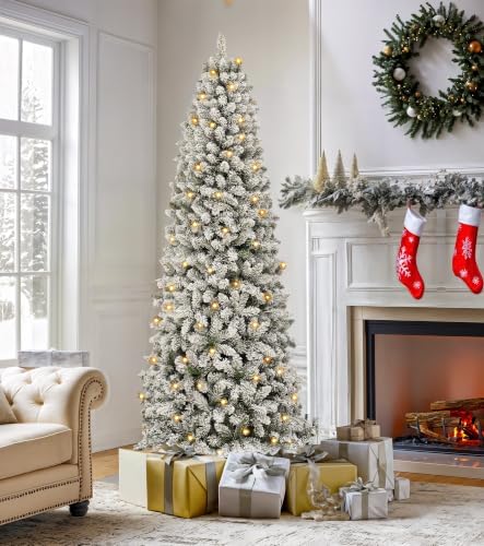 DWVO 6ft Pre-Lit Flocked Pencil Christmas Tree 300 Lights Remote Control