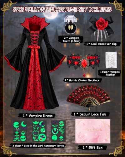 Vampire Costume for Girls 4-12 Years, Gothic Victorian Vampiress Dress Set