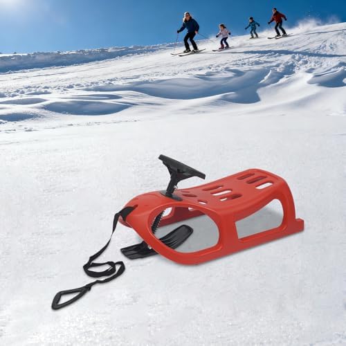 Small Snow Sled with Steering Wheel Blow Molded Heavy Duty Sled 220 lb Capacity Includes Pull Rope Lightweight for Easy Carry, Winter Toy for Snowy Hills