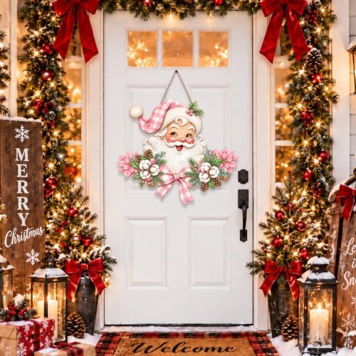 Christmas Decorations Pink Vintage Santa Hanging Wooden Sign for Front Door