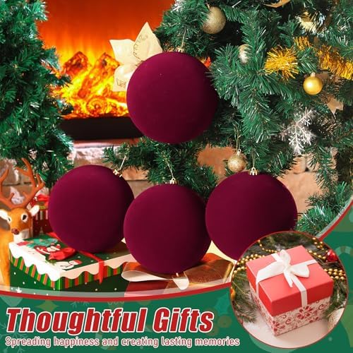 Hollowfly 12 Pcs 8 Inch Extra Large Velvet Christmas Balls Oversized Huge Big Christmas Tree Ornaments Balls for Family Holiday Xmas Tree Hanging (Red)