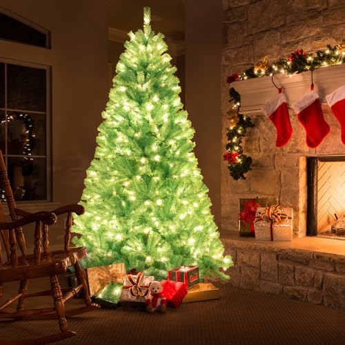 HAPPYGRILL 7 FT Pre-lit Artificial Christmas Tree Blue Hinged Xmas Tree with 1040 Branch Tips, 380 Warm White LED Lights & Folding Metal Stand, Pre-Lit Holiday Decoration Tree for Home Office