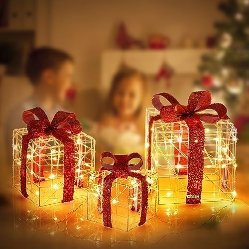 Tangkula Set of 3 Christmas Lighted Gift Boxes, Christmas Box Decorations