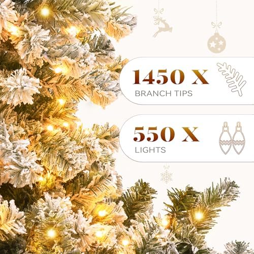 YITAHOME Prelit Snow Flocked Artificial Full Christmas Tree 7.5ft with Remote Control, Christmas Pine Tree with 11 Light-Modes, 1450 Branch Tips and Foldable Base for Home, Party Decoration