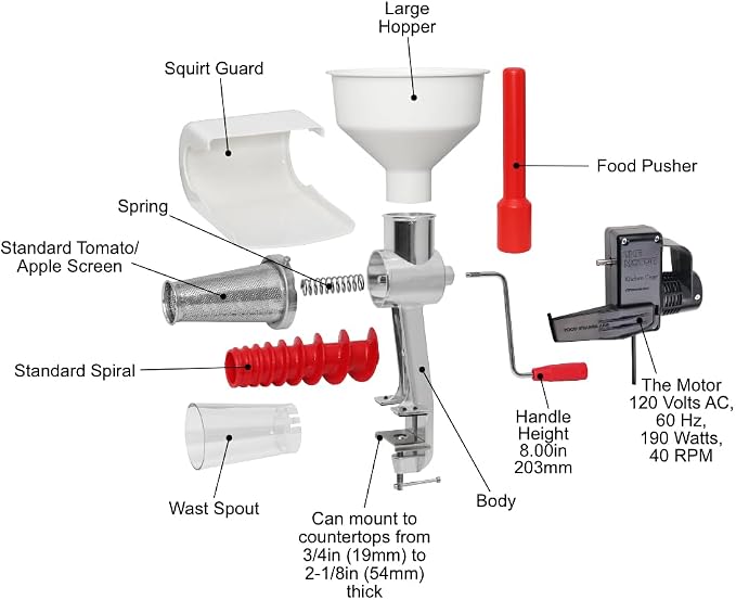 Johnny Apple Sauce Maker, Tomato Sauce Maker, Remove Skins & Seeds From Produce, Model 250 Clamp Based Food Strainer with Electric Motor (Strainer + Motor)