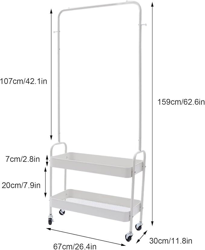 Clothing Rack, Portable Hanging Storage Organizer Garment Rack Clothing Racks with 2 Tier Basket Floor Standing Clothing Rack with Wheels for Home Bedroom Laundry (White)