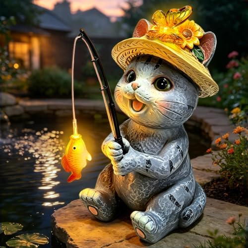 Solar Garden Cat Statues, Outdoor Fishing Cat with Butterfly Solar Lights
