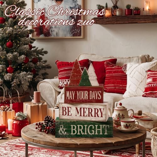 Lineshading 4 Pcs Christmas Table Decor, Wooden Tree Block Signs Home