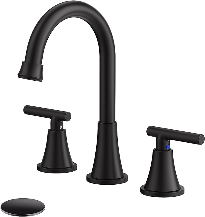 Bathroom Faucets for Sink 3 Hole, Hurran Matte Black Bathroom Sink Faucet with Pop-up Drain and Supply Lines, Stainless Steel Lead-Free Widespread Faucet for Vanity RV Farmhouse Sink