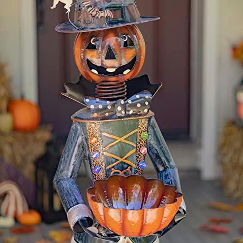 Metal Pumpkin Man Soldier Holding a Candy Bowl for Halloween 4.6Ft. Tall