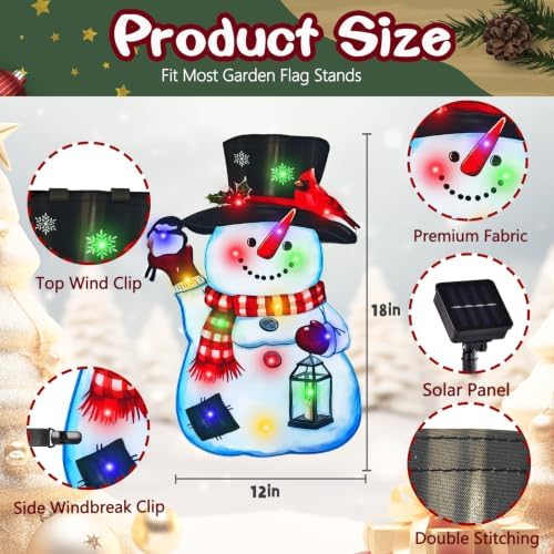 12x18 Solar Christmas Snowman Garden Flag, Outdoor Decor